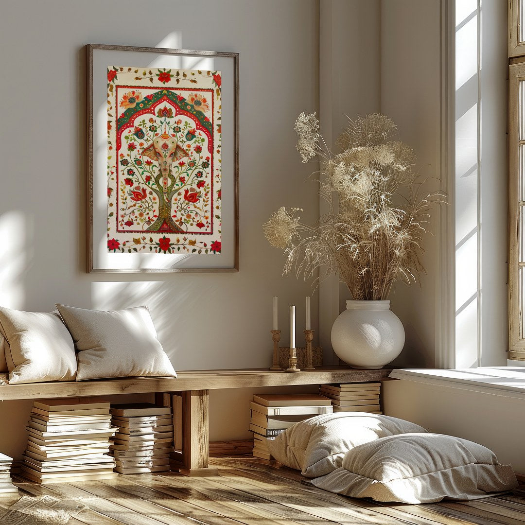 This intricate piece features a majestically detailed elephant amidst a lush tapestry of vibrant for room