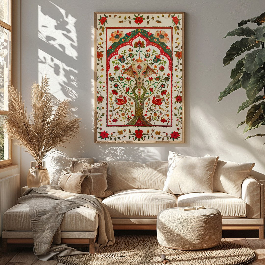 This intricate piece features a majestically detailed elephant amidst a lush tapestry of vibrant for Sitting Area
