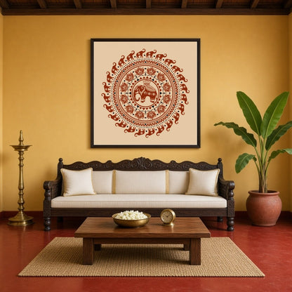 Immerse yourself in the intricate beauty of Warli art with this exquisite mandala featuring for Living Room
