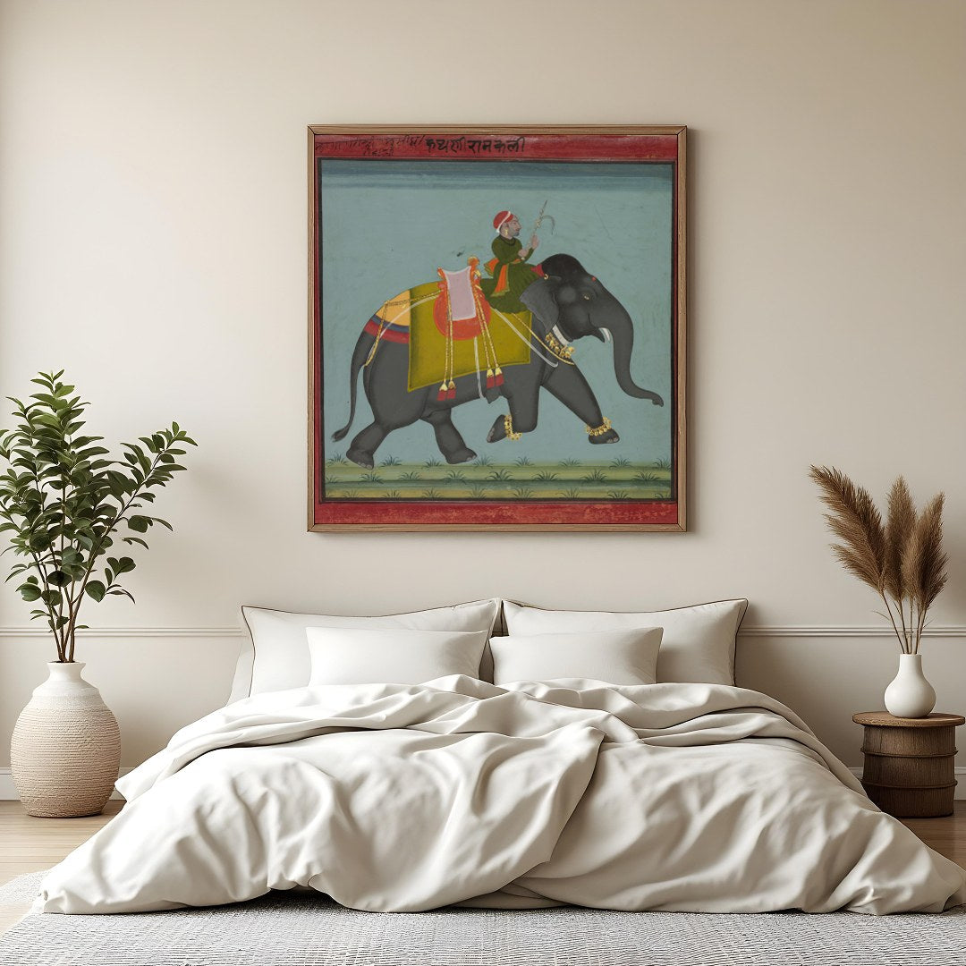 This exquisite artwork captures a regal scene of a royal figure riding a majestic elephant. With for Bedroom