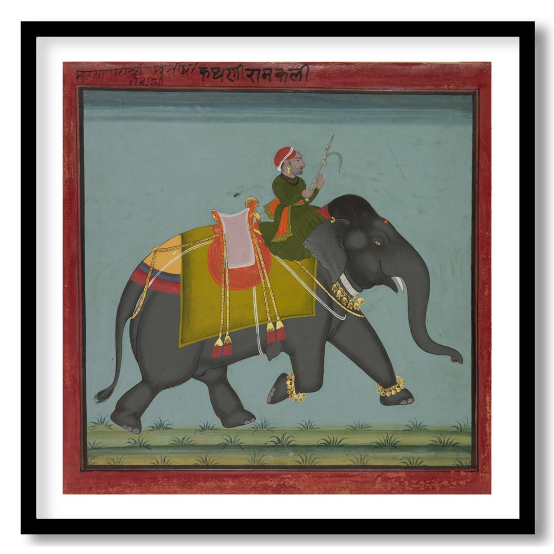 This exquisite artwork captures a regal scene of a royal figure riding a majestic elephant. With for dwelling