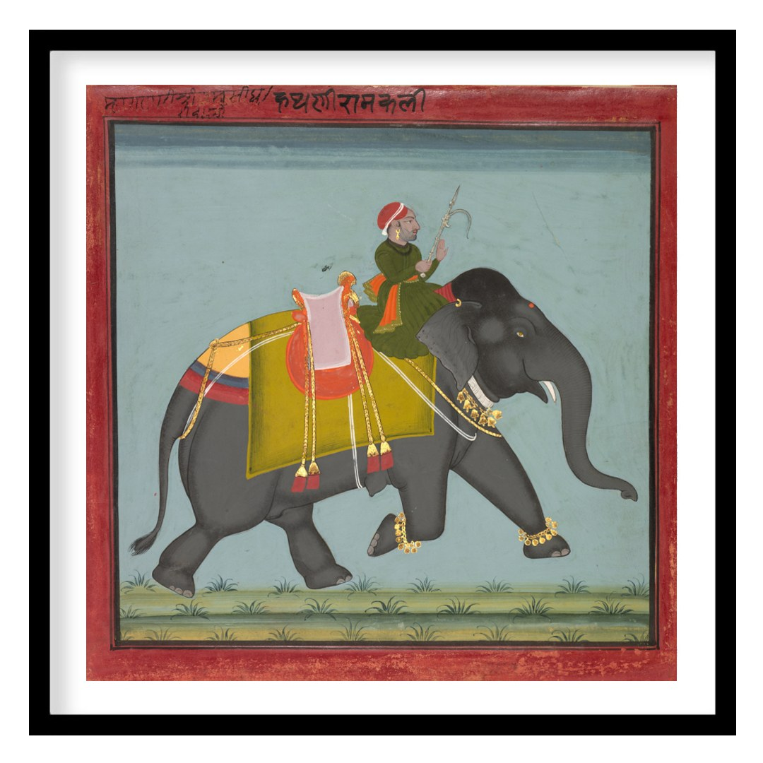 This exquisite artwork captures a regal scene of a royal figure riding a majestic elephant. With for dwelling