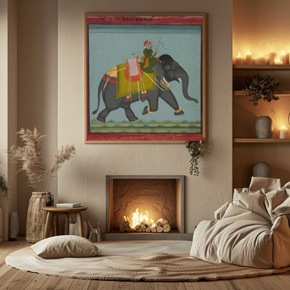 This exquisite artwork captures a regal scene of a royal figure riding a majestic elephant. With for Hall
