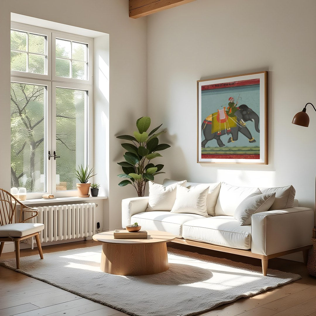 This exquisite artwork captures a regal scene of a royal figure riding a majestic elephant. With for Living Room