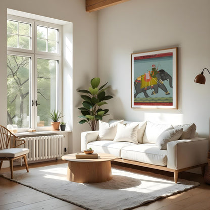 This exquisite artwork captures a regal scene of a royal figure riding a majestic elephant. With for Living Room