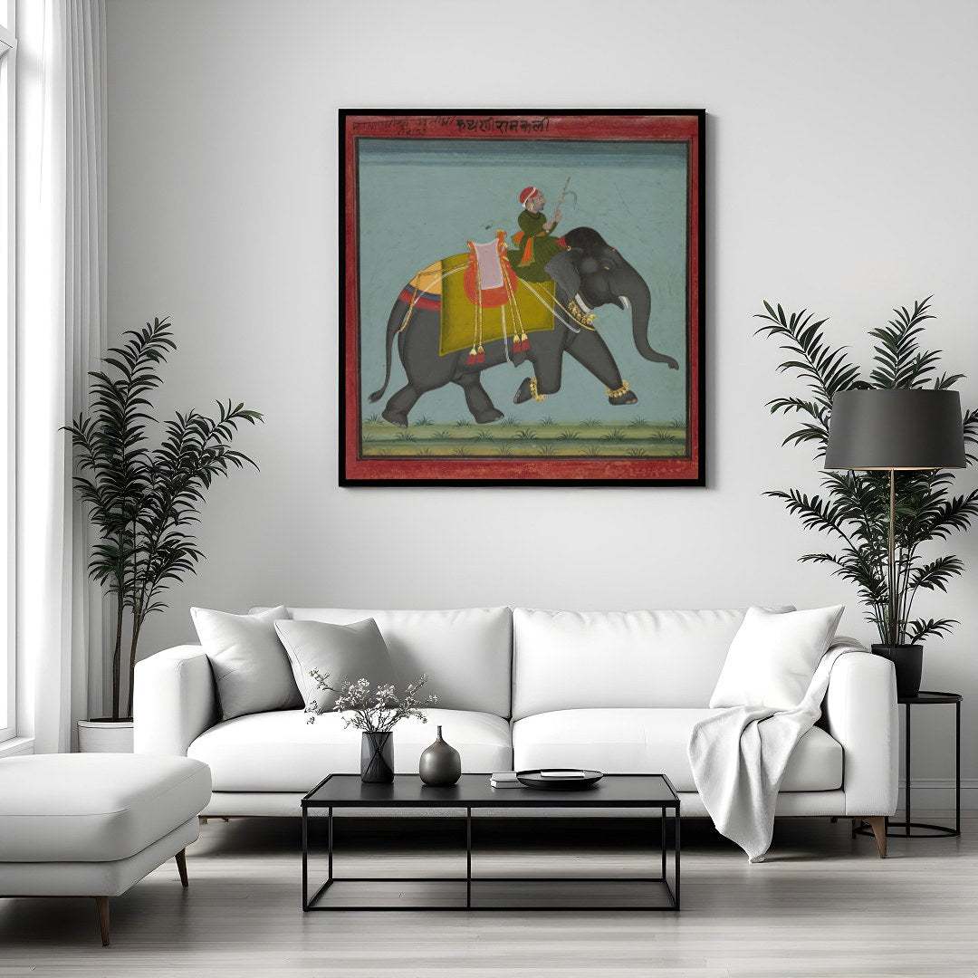 This exquisite artwork captures a regal scene of a royal figure riding a majestic elephant. With for Sitting Area