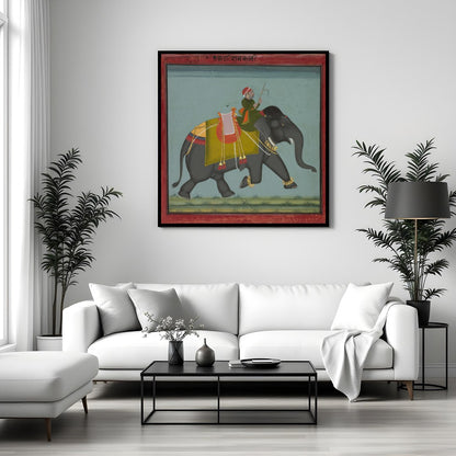 This exquisite artwork captures a regal scene of a royal figure riding a majestic elephant. With for Sitting Area
