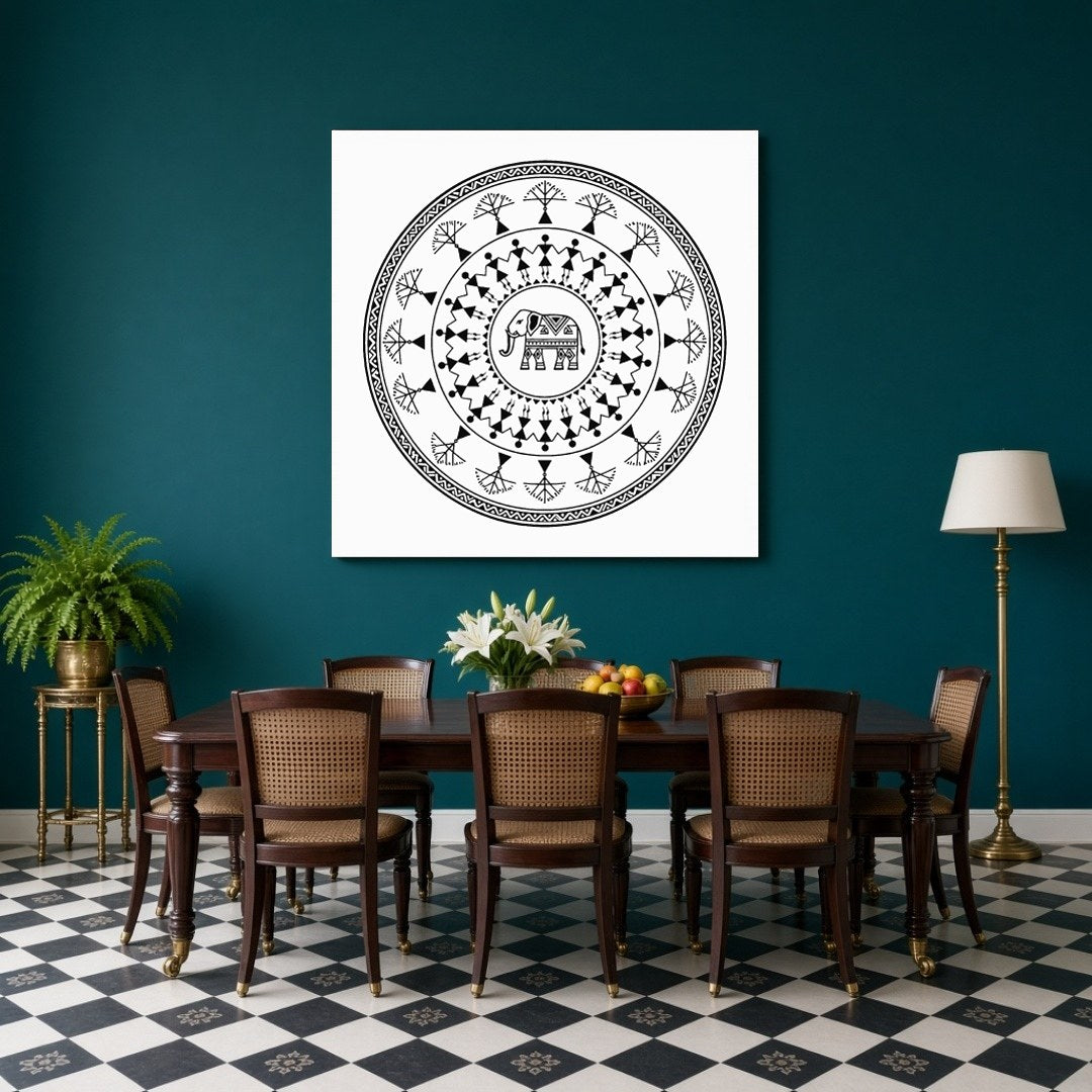 Celebrate the beauty of traditional Warli art with this captivating mandala featuring an intricate for Dining