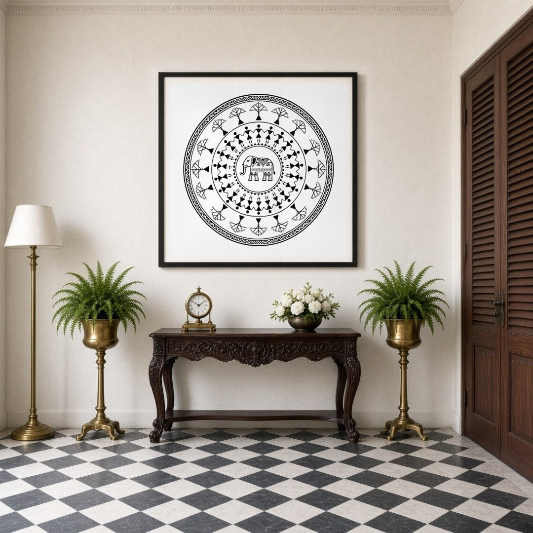 Celebrate the beauty of traditional Warli art with this captivating mandala featuring an intricate for Entrance
