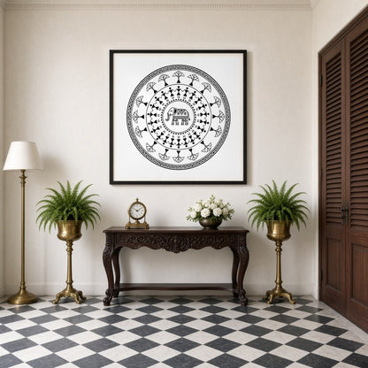 Celebrate the beauty of traditional Warli art with this captivating mandala featuring an intricate for Entrance