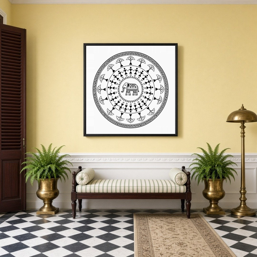 Celebrate the beauty of traditional Warli art with this captivating mandala featuring an intricate for Hallway