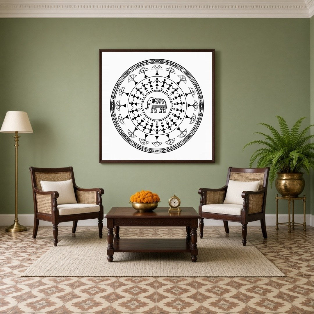 Celebrate the beauty of traditional Warli art with this captivating mandala featuring an intricate for Living Room