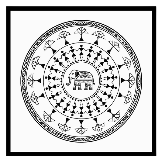 Celebrate the beauty of traditional Warli art with this captivating mandala featuring an intricate for sanctuary