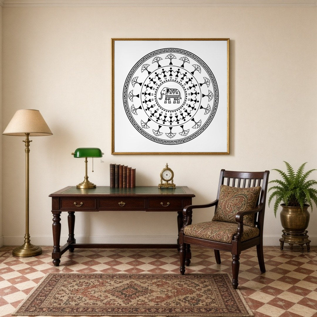 Celebrate the beauty of traditional Warli art with this captivating mandala featuring an intricate for Study