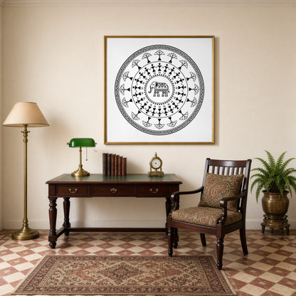Celebrate the beauty of traditional Warli art with this captivating mandala featuring an intricate for Study