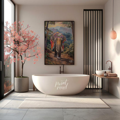 This captivating artwork features a magnificent elephant, exquisitely adorned with a vibrant, multi… for bathroom