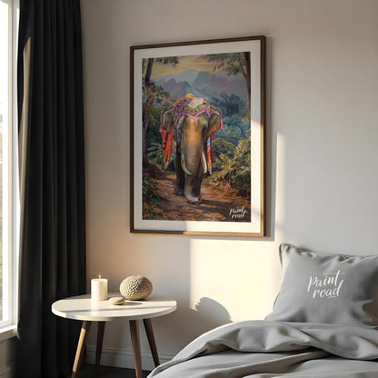 This captivating artwork features a magnificent elephant, exquisitely adorned with a vibrant, multi… for bedroom