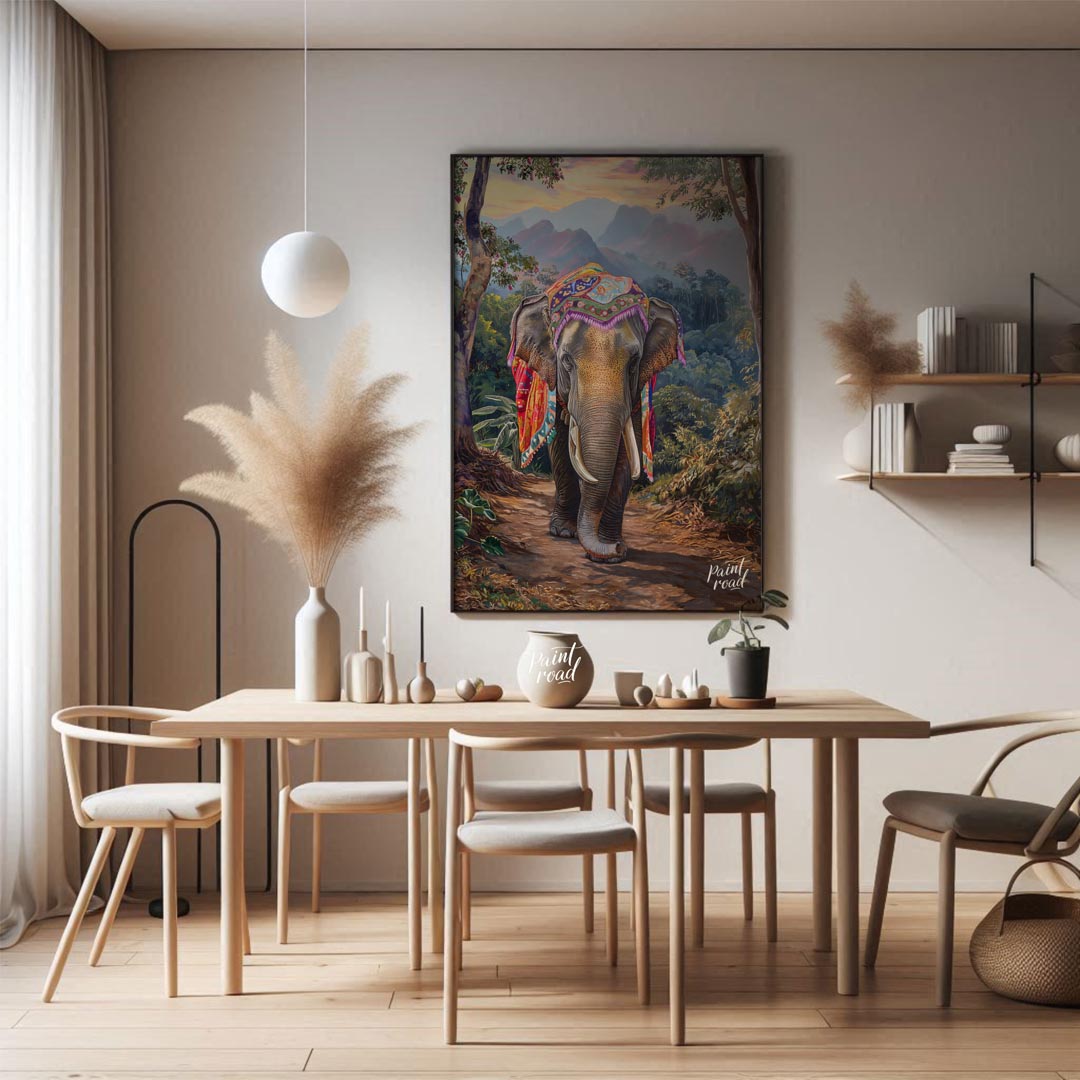 This captivating artwork features a magnificent elephant, exquisitely adorned with a vibrant, multi… for dining room