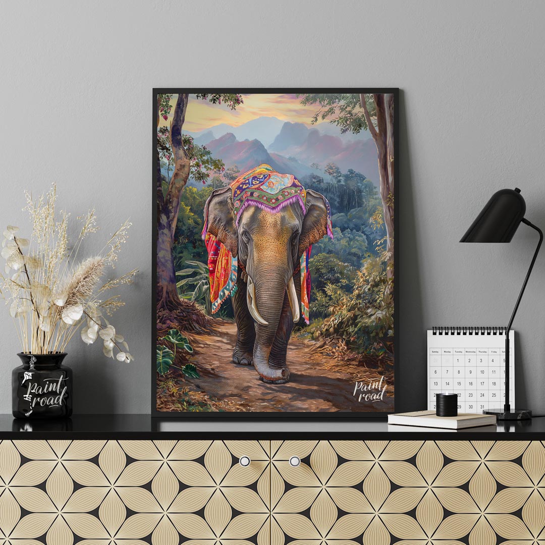 This captivating artwork features a magnificent elephant, exquisitely adorned with a vibrant, multi… for living room