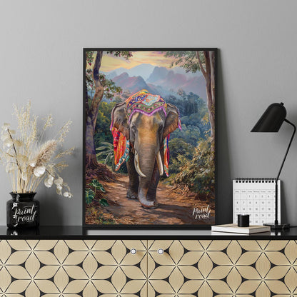 This captivating artwork features a magnificent elephant, exquisitely adorned with a vibrant, multi… for living room