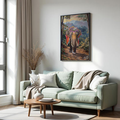 This captivating artwork features a magnificent elephant, exquisitely adorned with a vibrant, multi… for living room