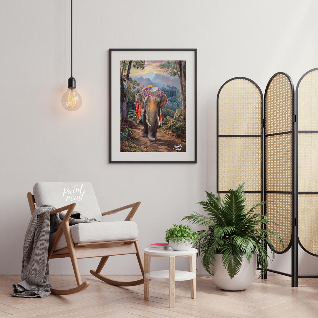 This captivating artwork features a magnificent elephant, exquisitely adorned with a vibrant, multi… for living room
