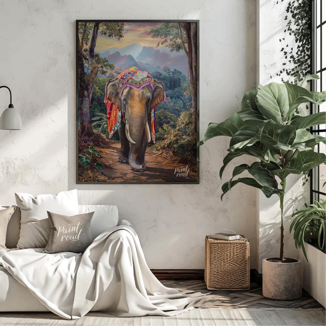 This captivating artwork features a magnificent elephant, exquisitely adorned with a vibrant, multi… for living room