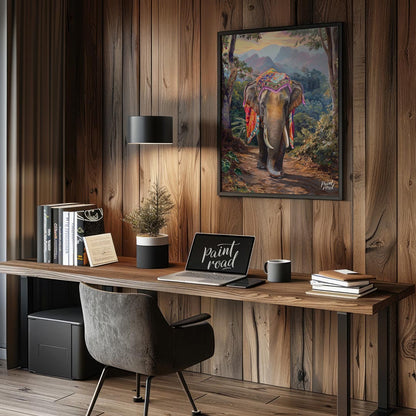 This captivating artwork features a magnificent elephant, exquisitely adorned with a vibrant, multi… for office