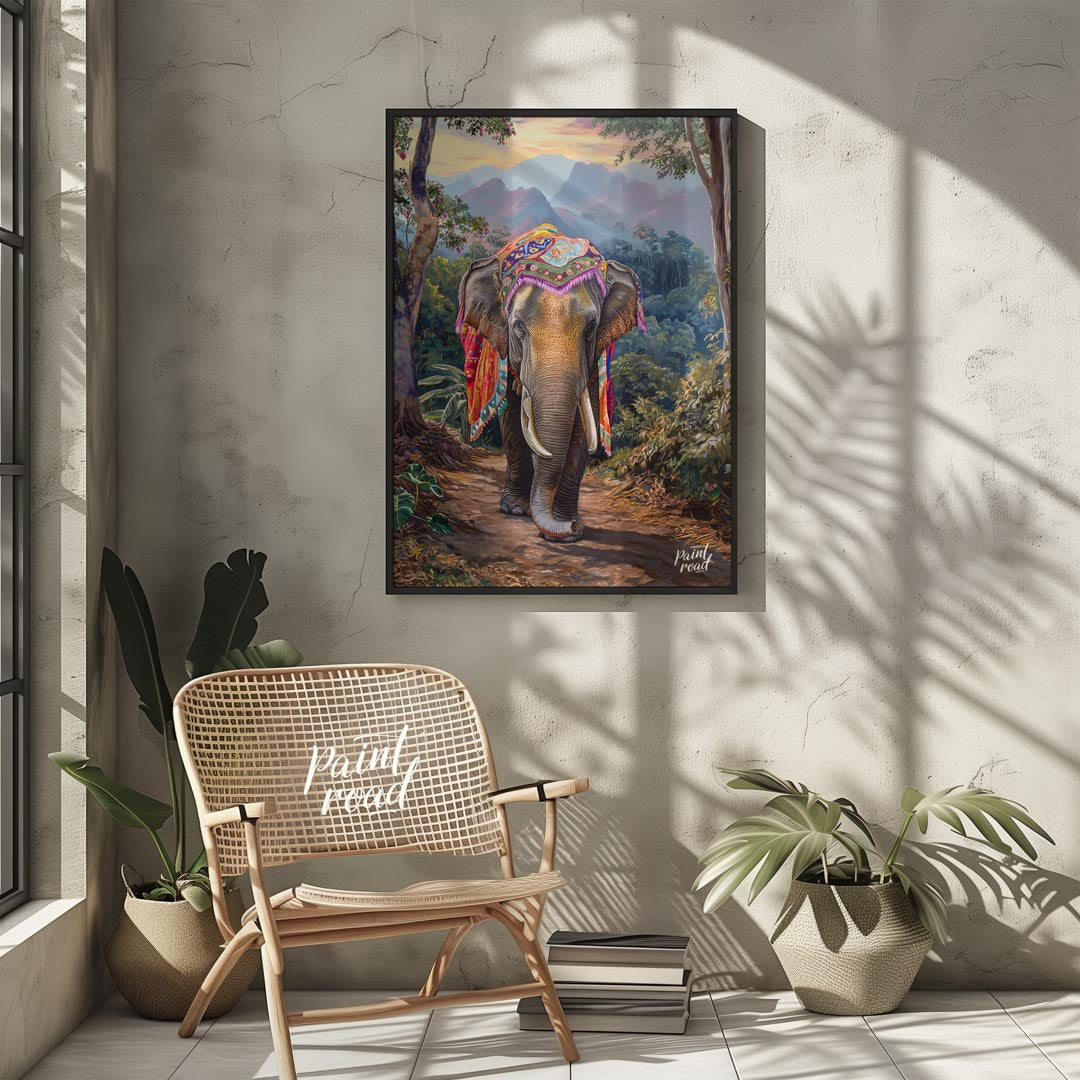 This captivating artwork features a magnificent elephant, exquisitely adorned with a vibrant, multi… for other