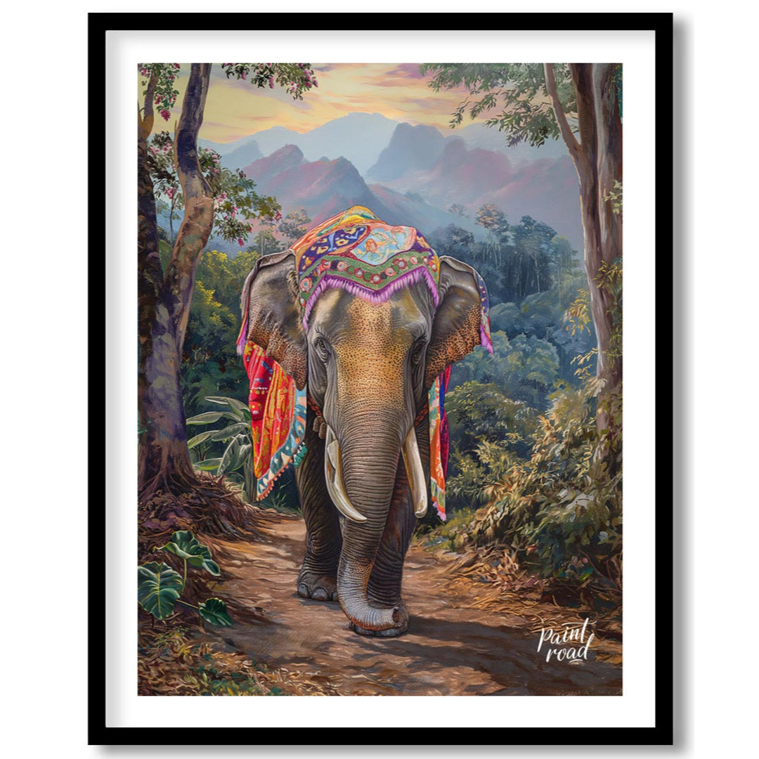 This captivating artwork features a magnificent elephant, exquisitely adorned with a vibrant, multi… for space