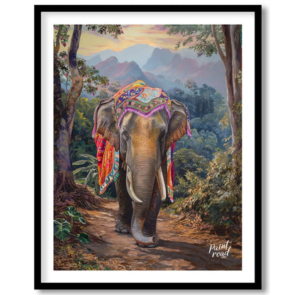 This captivating artwork features a magnificent elephant, exquisitely adorned with a vibrant, multi… for space