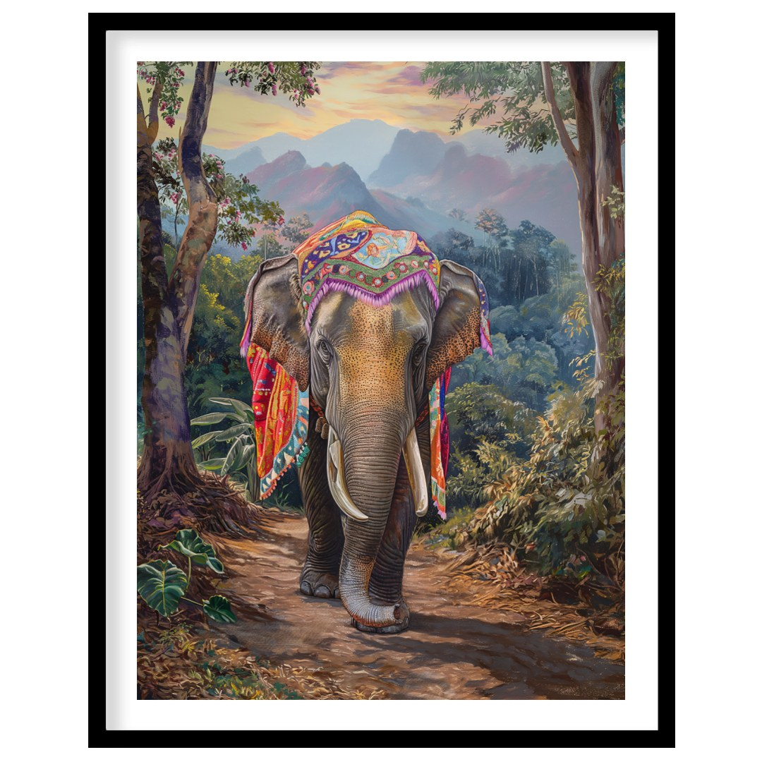 This captivating artwork features a magnificent elephant, exquisitely adorned with a vibrant, multi… for space