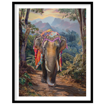 This captivating artwork features a magnificent elephant, exquisitely adorned with a vibrant, multi… for space