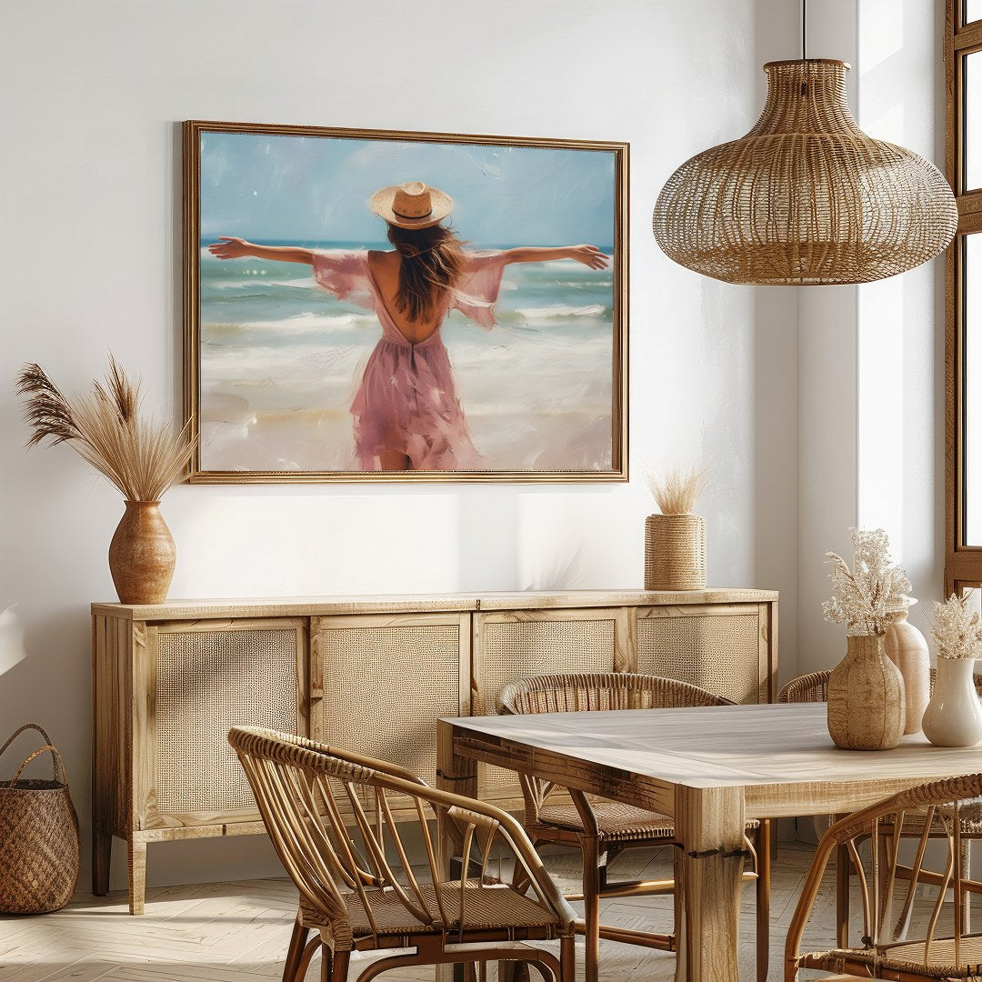 Experience the gentle embrace of summer with this stunning artwork, depicting a woman gracefully for Dining