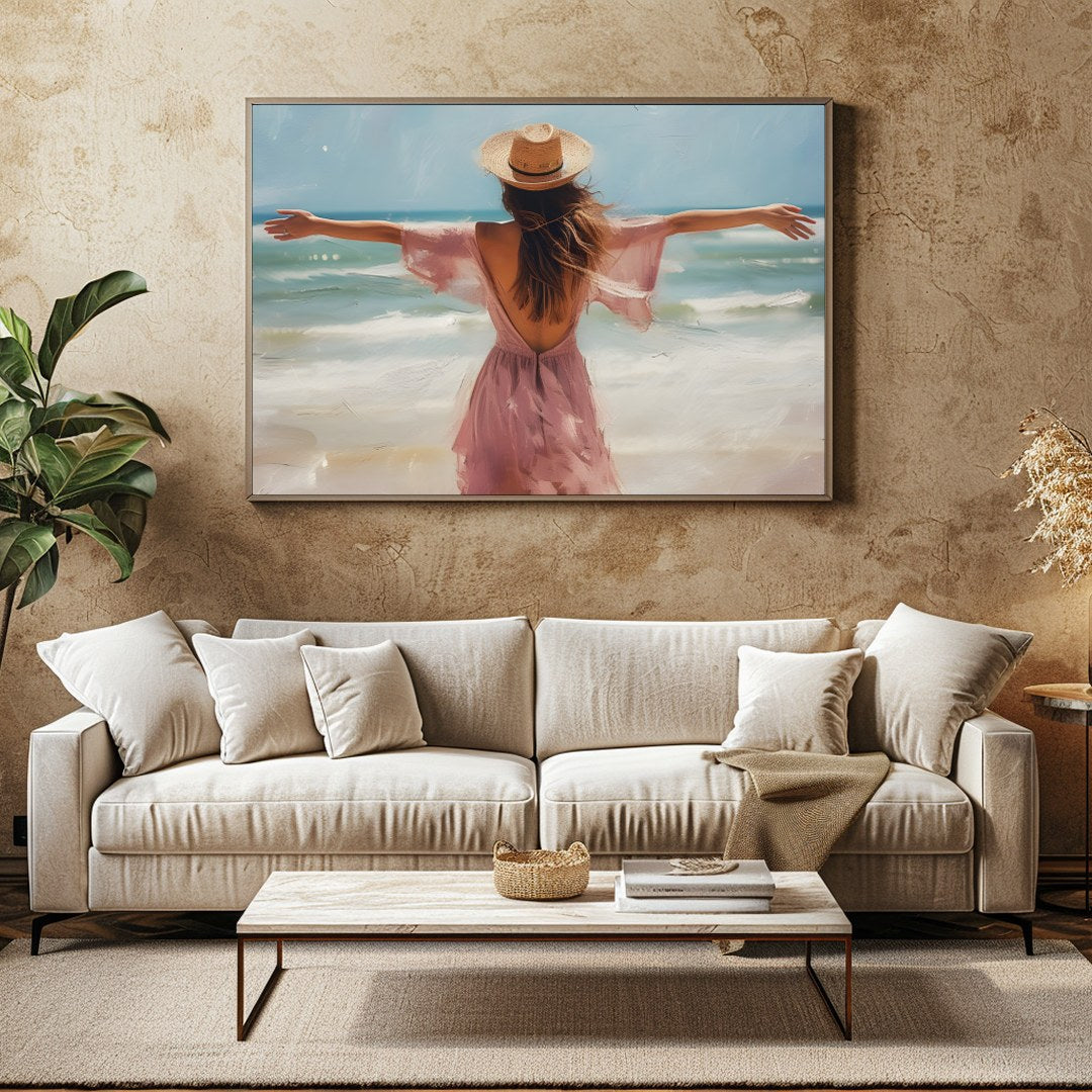Experience the gentle embrace of summer with this stunning artwork, depicting a woman gracefully for Family Room