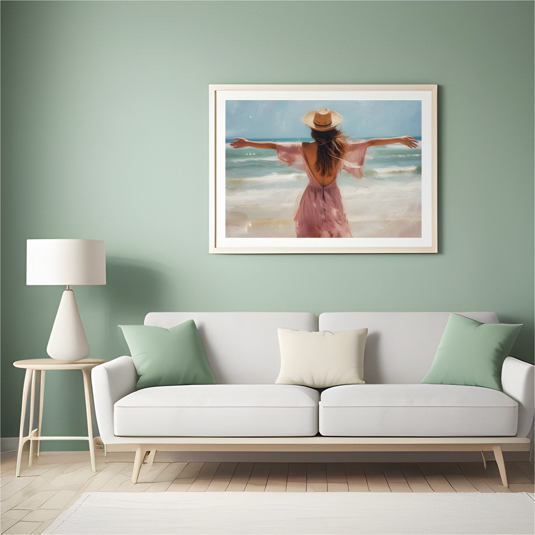 Experience the gentle embrace of summer with this stunning artwork, depicting a woman gracefully for Hall
