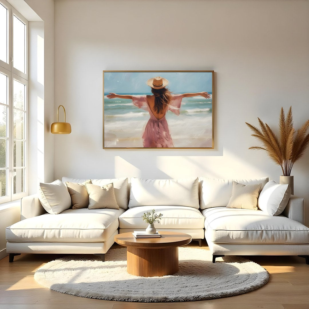 Experience the gentle embrace of summer with this stunning artwork, depicting a woman gracefully for Living Room