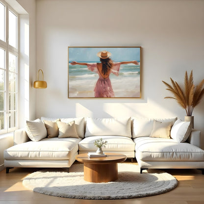 Experience the gentle embrace of summer with this stunning artwork, depicting a woman gracefully for Living Room