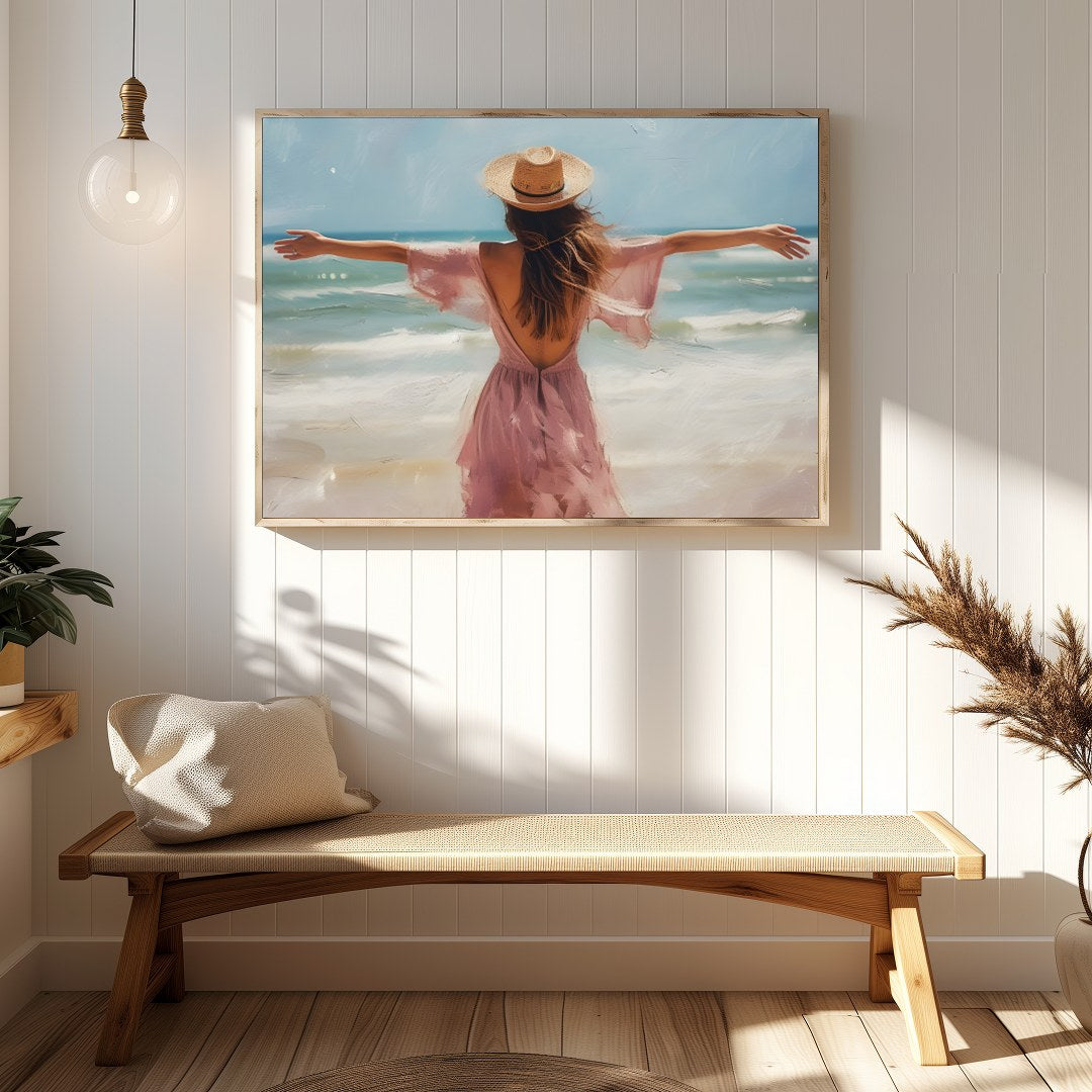 Experience the gentle embrace of summer with this stunning artwork, depicting a woman gracefully for Hallway