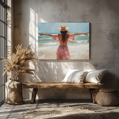 Experience the gentle embrace of summer with this stunning artwork, depicting a woman gracefully for Veranda