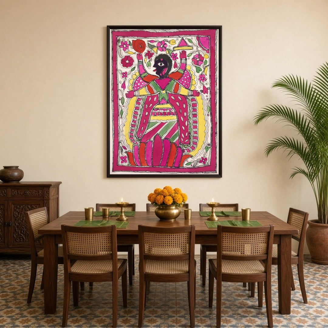 Immerse yourself in the vibrant world of Madhubani art with this striking depiction of Goddess Kali for Dining