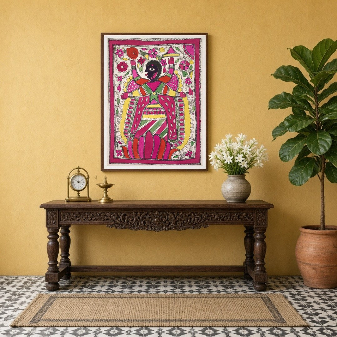 Immerse yourself in the vibrant world of Madhubani art with this striking depiction of Goddess Kali for Entrance