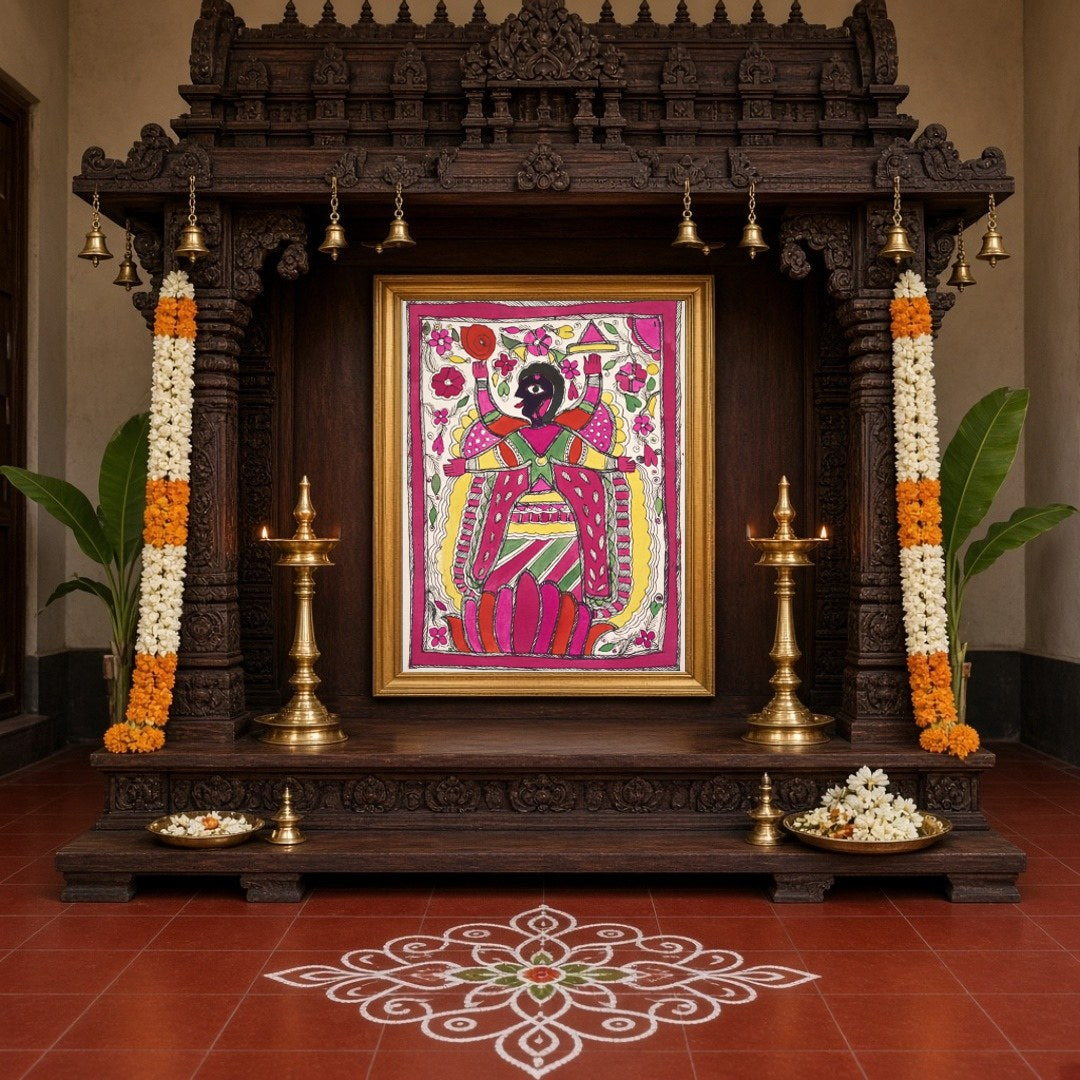 Immerse yourself in the vibrant world of Madhubani art with this striking depiction of Goddess Kali for Home Temple