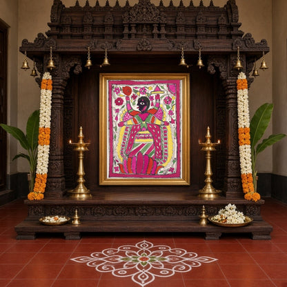 Immerse yourself in the vibrant world of Madhubani art with this striking depiction of Goddess Kali for Home Temple