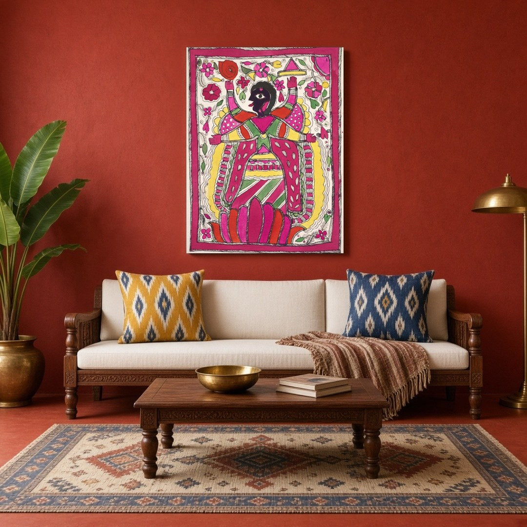 Immerse yourself in the vibrant world of Madhubani art with this striking depiction of Goddess Kali for Living Room