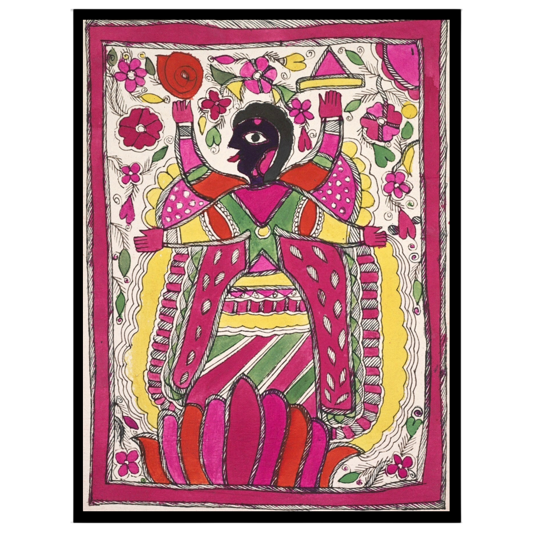 Immerse yourself in the vibrant world of Madhubani art with this striking depiction of Goddess Kali for place