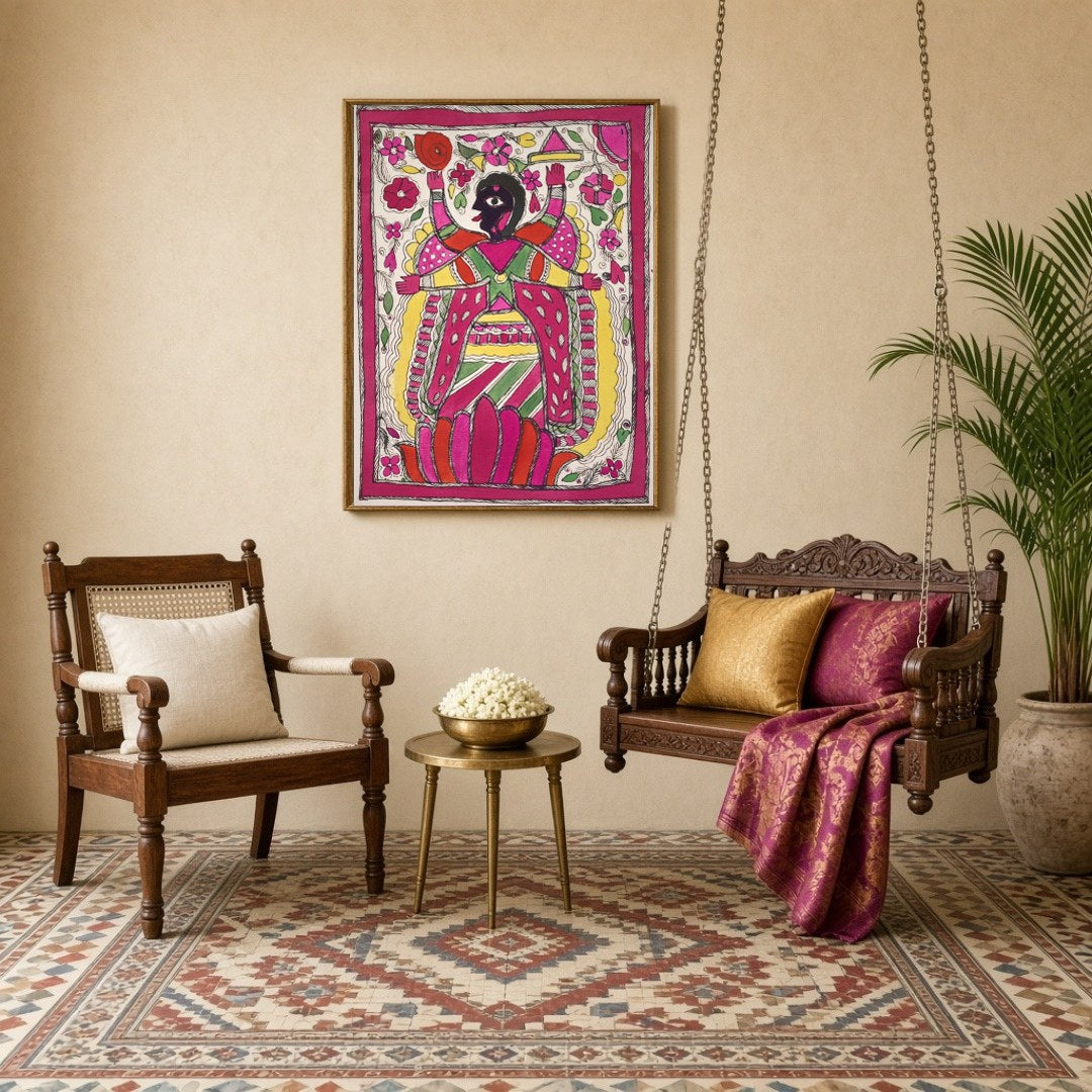 Immerse yourself in the vibrant world of Madhubani art with this striking depiction of Goddess Kali for Sitting Lounge