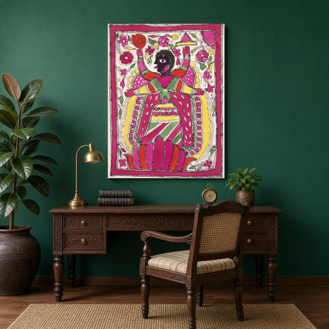 Immerse yourself in the vibrant world of Madhubani art with this striking depiction of Goddess Kali for Study