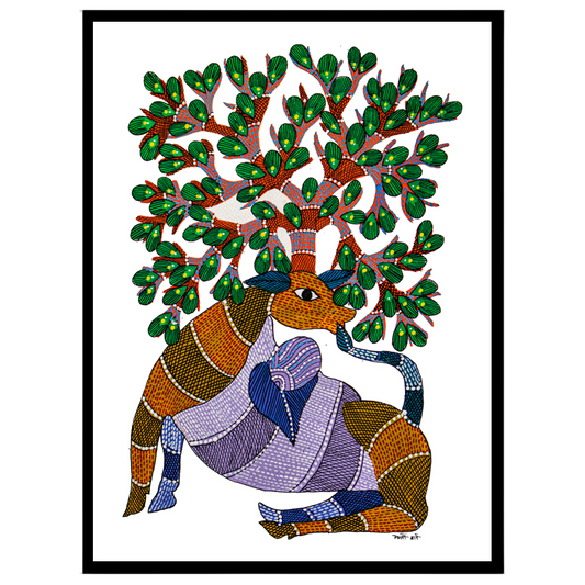 Immerse yourself in the vibrant allure of traditional Indian folk art with this Enchanted Deer Gond for bedroom