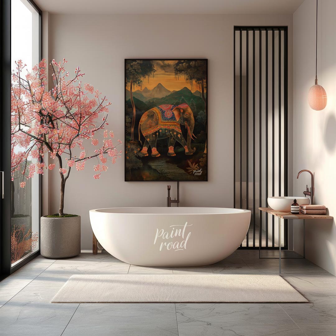 This enchanting artwork presents a stately elephant adorned with elaborate, jewel-toned coverings, … for bathroom